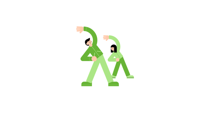 Na środku ilustracja przedstawiająca dwie gimnastykujące się osoby. Obrazek w kolorach zielonych.