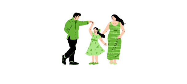 Na środku ilustracja przedstawiająca trzy tańczące osoby, tatę, mamę i córkę. Obrazek w kolorach zielonych.
