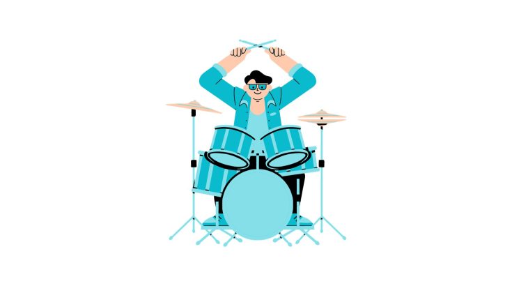Na środku rysunek osoby grającej na perkusji w kolorach niebieskich.