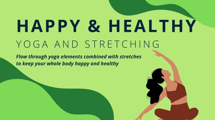 Grafika zapowiadająca zajęcia. Na zielonym tle rysunek joginki w siedzącej pozie jogi. Z lewej strony napisy z tytułem zajęć.