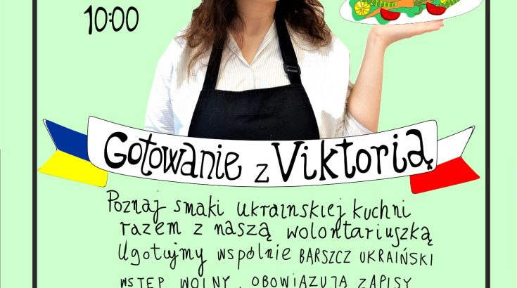 plakat. jasno zielone tło. po środku kobieta trzymająca grafikę z talerzem. pod spodem opis wydarzenia