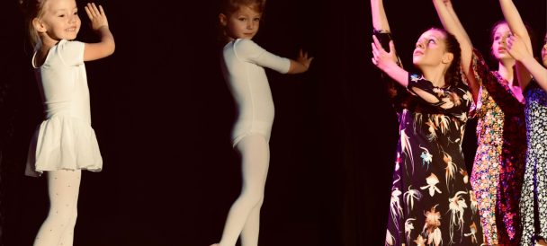 Kolaż zdjęć. Z lewej strony dwie małe baletnice w białym body, roześmiane. Z prawej strony tancerki w kolorowych sukienkach, dłonie i ręce uniesione w górę. Czarne tło.