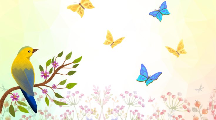 jasne tło po lewej kolorowy ptaszek siedzący na gałązce po prawej w górze fruwające motylki